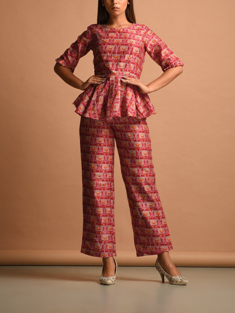 Pink Silk Printed Pant Set