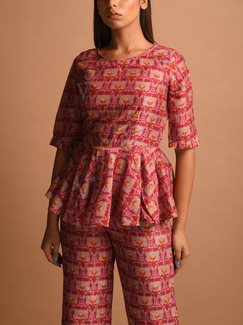 Pink Silk Printed Pant Set