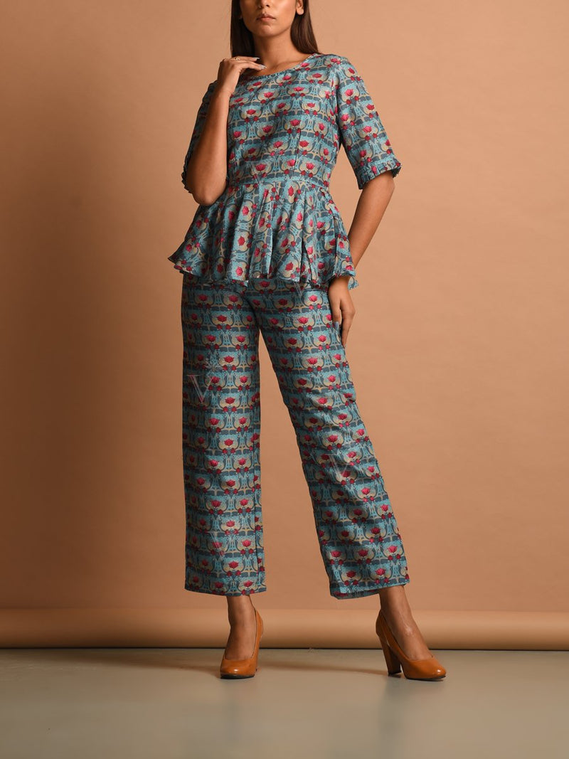 Blue Silk Printed Co-ord Set