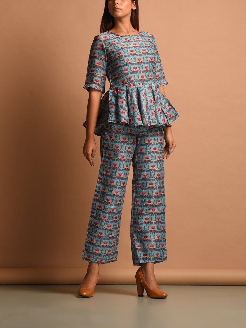 Blue Silk Printed Co-ord Set