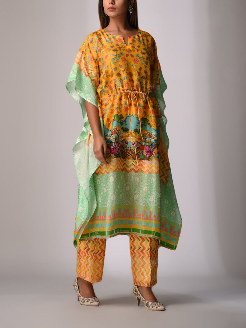 Mustard Bemberg Silk Kaftan Set
