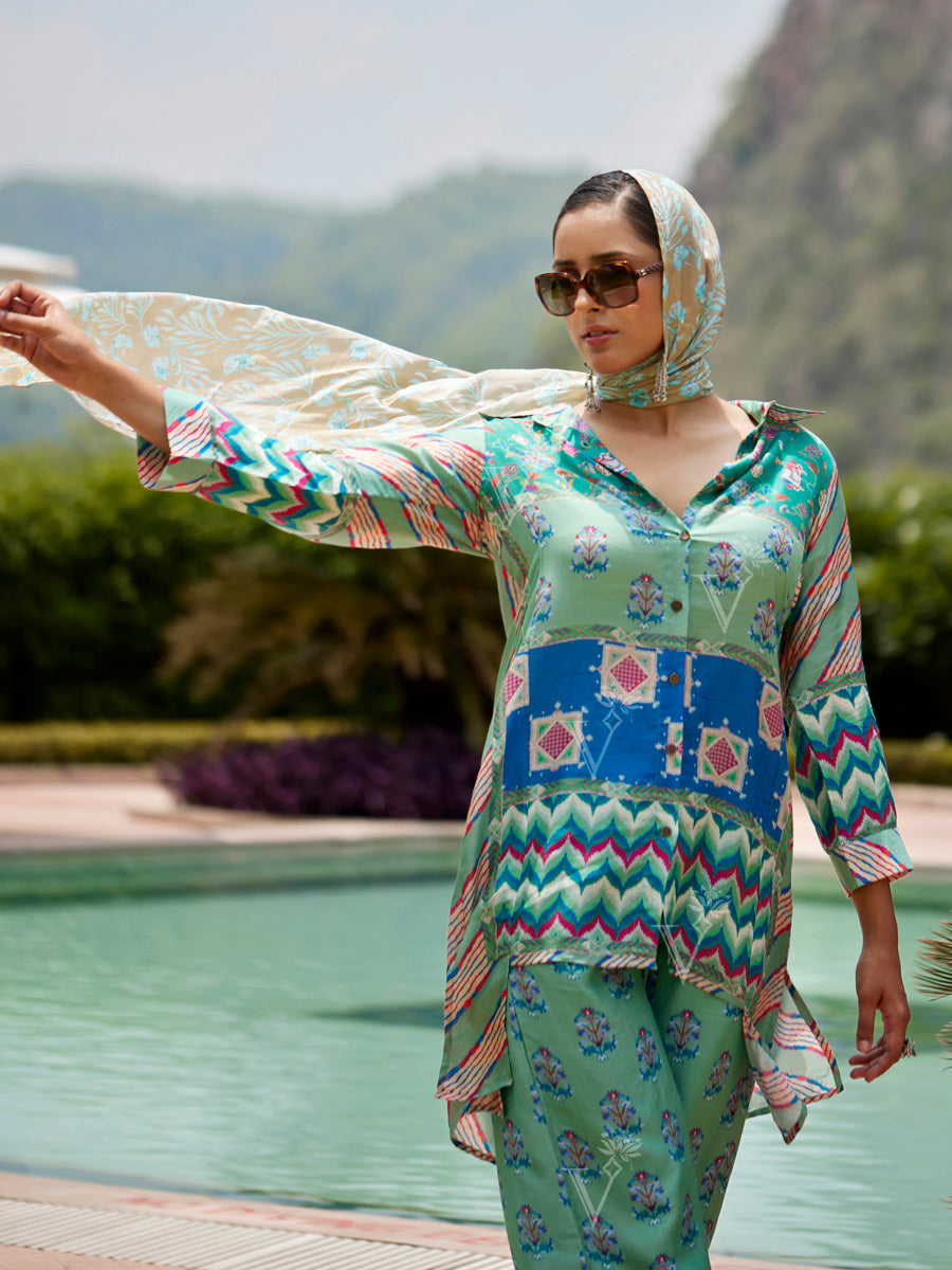 Mint Green Silk Printed Co-ord Set