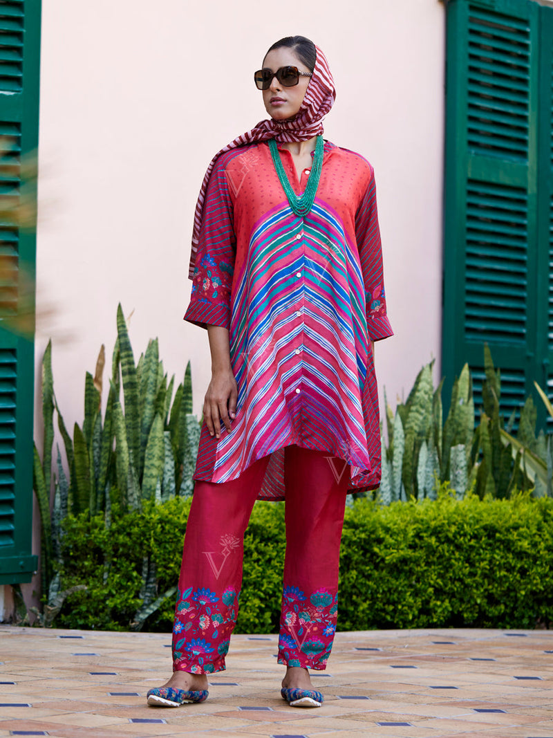Red Leheriya Silk Co-ord Set